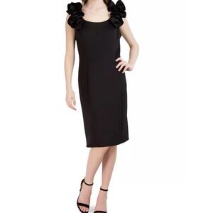 Donna Ricco Black Midi Dress with Ruffle Sleeves